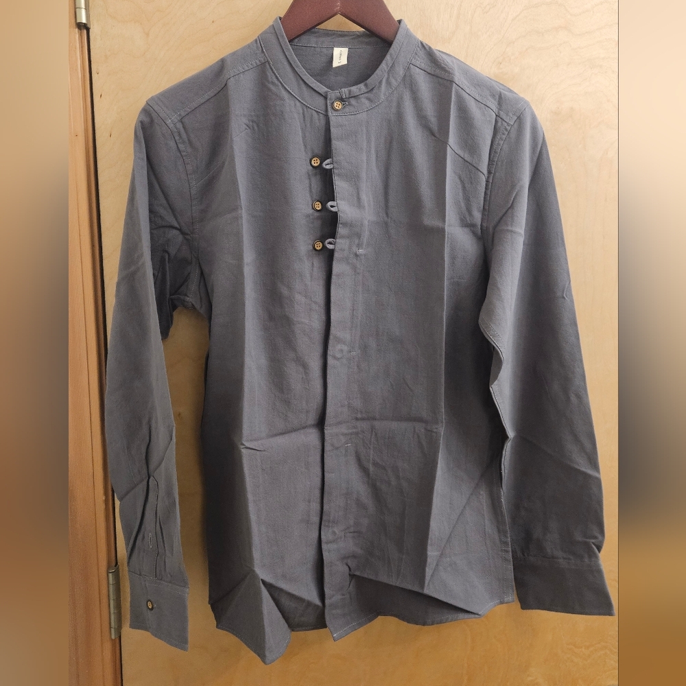 Mandarin Henley button shirt, hemp cotton.